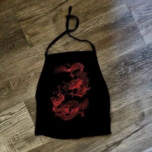 Truly Madly Deeply Black & Red Dragon Graphic Cropped Halter Top Size XS